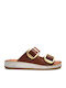 Leather Women's Flat Sandals Tabac Brown