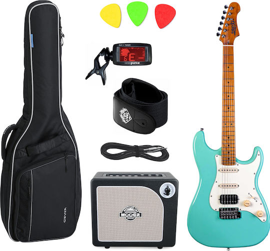 Set Elektrische Gitarre Stratocaster Grün mit Tasche Deluxe-Paket
