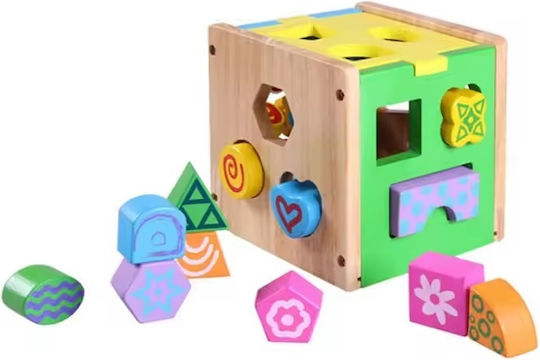 Cub educațional sortare forme și numere pentru copii 1 an+ din lemn 15x15 cm multicolor