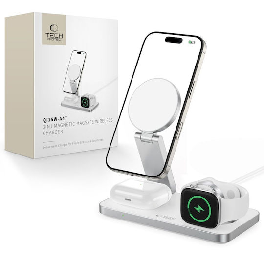 Tech-Protect Magsafe Charger And USB-C - USB-C Cable 15W White (QI15W-A47 3in1 Magnetic)