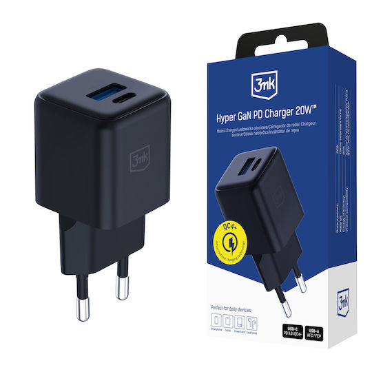 3MK Φορτιστής Χωρίς Καλώδιο GaN με Θύρα USB-A και Θύρα USB-C 20W Power Delivery / Quick Charge 4+ Μαύρος (Hyper)