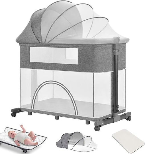 Cradle-Park with Mattress, Side Opening, and Wheels Gray