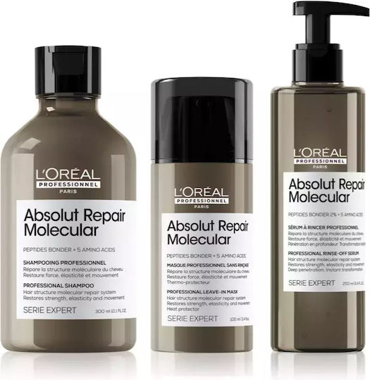 L'Oréal Professionnel Serie Expert Absolut Repair Molecular Convenient Hair Care Set for Reconstruction & Nourishment for Damaged Hair with Shampoo, Mask & Serum 3 Pieces