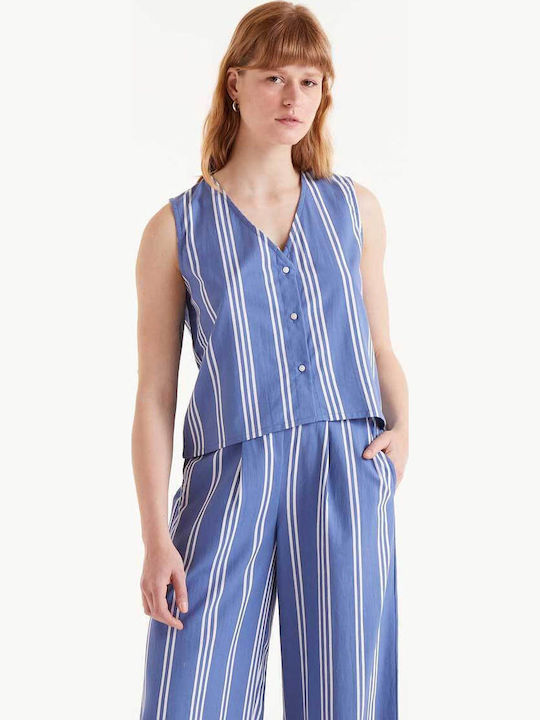 Women's Blouse Cotton Sleeveless Striped Blue