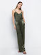 Women's High-waisted Fabric Trousers with Elastic in Loose Fit Khaki