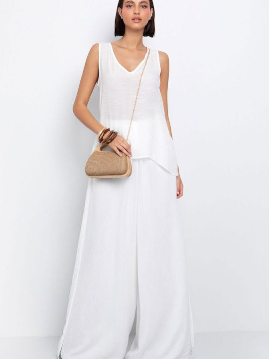 Damen Hoch tailliert Leinen Hose mit Gummizug in Lockerer Passform White