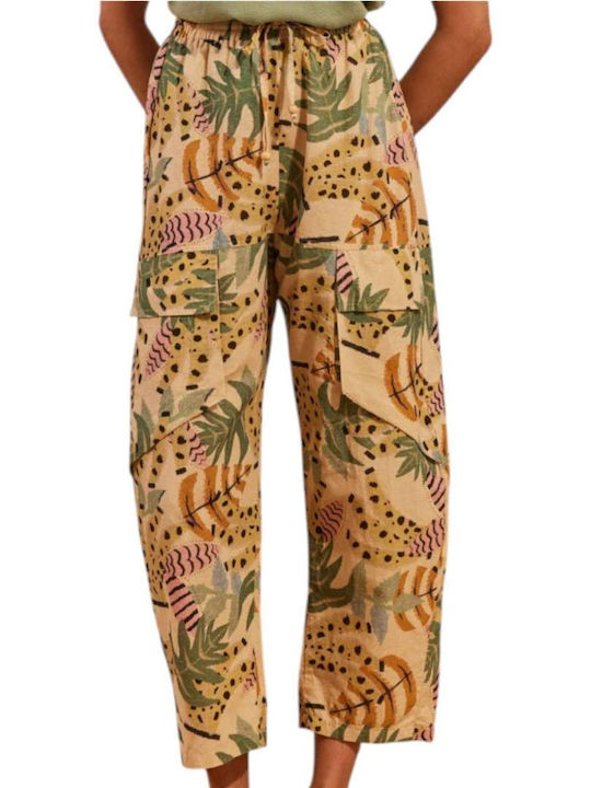 Women's Fabric Trousers with Elastic Loose Fit Floral Beige