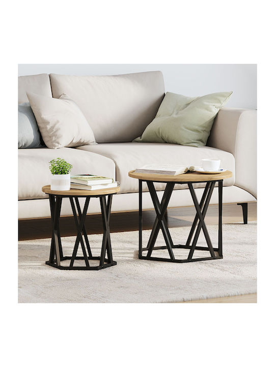 Round Side Table Set of 2 Made of Solid Oak Woo...