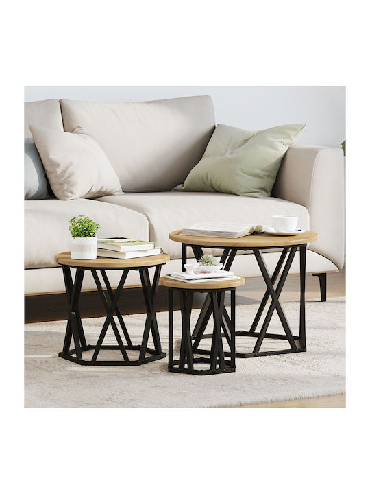 Round Side Table Set of 3 Made of Solid Oak Wood 53x53 cm