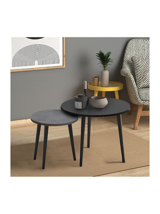 Round Side Coffee Table Roma Made of Solid Wood Black - Grey Retro 2 Pieces W60xL60xH46cm