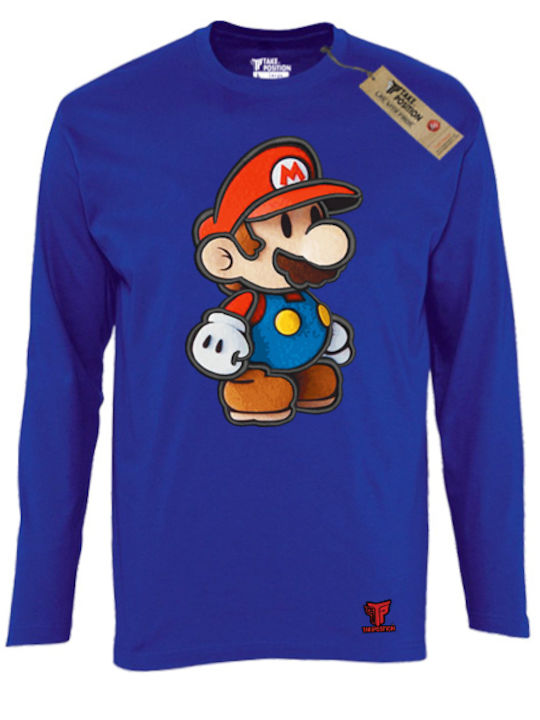 Embroidery Print Super Mario 3D Logo Men's Slim Long Sleeve Blouse Takeposition Royal Blue