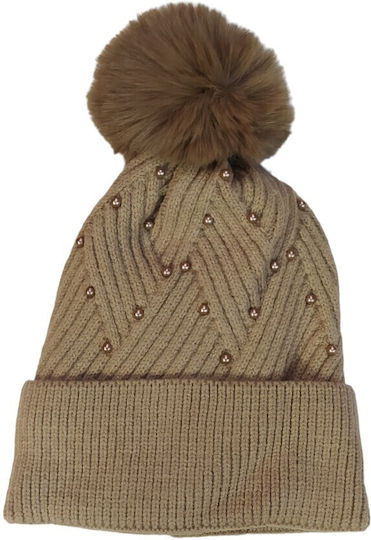 Pom Pom Beanie Frauen Beanie mit Strickmuster in Beige Farbe