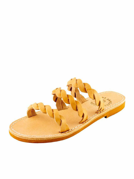 Leather Women's Flat Sandals in Beige Color