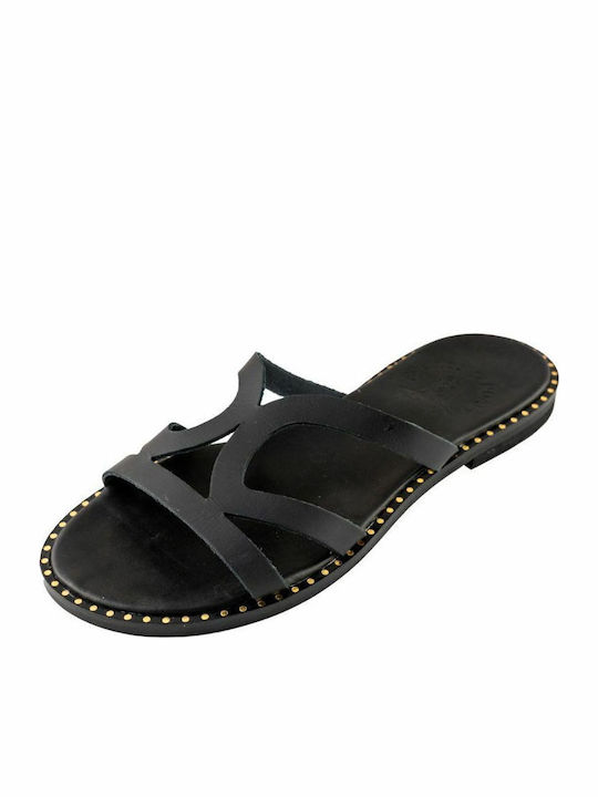 Leather Women's Flat Sandals in Black Color