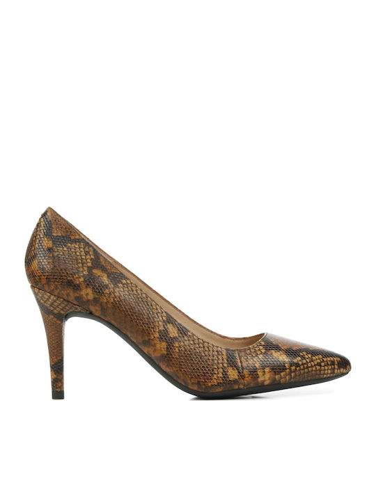 Leather Pointed Toe Brown Heels Animal Print