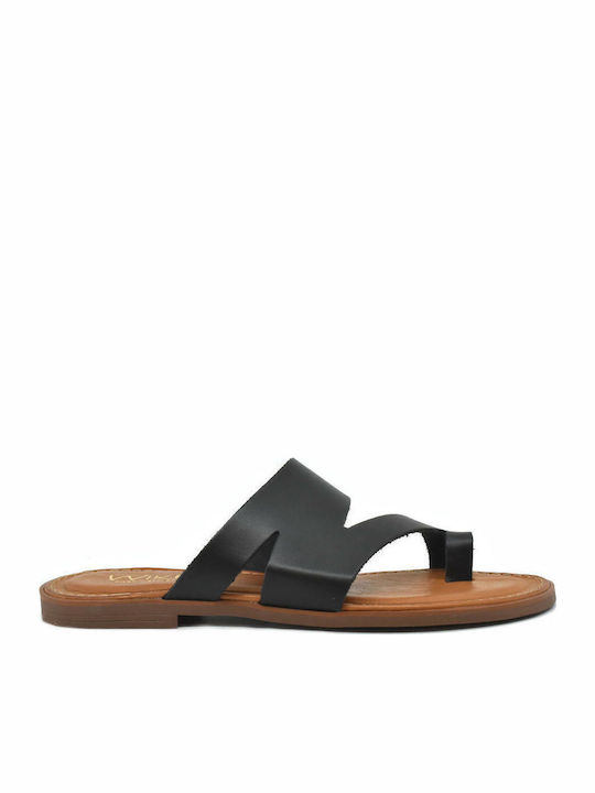 Leather Women's Flat Sandals in Black Color
