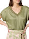 Women's Blouse Satin with V Neckline Olive
