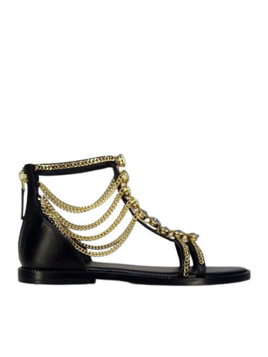 Leather Women's Flat Sandals with Strap in Black Color