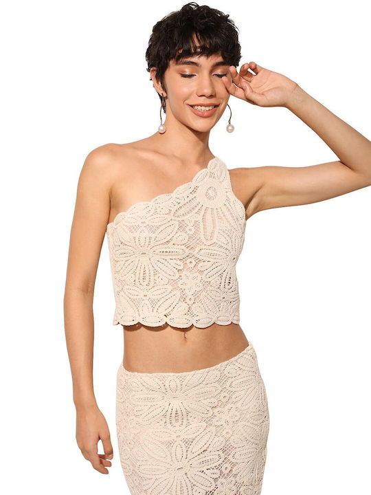 Alberte Women's Crop Top Cotton with One Shoulder Sheer Pink