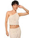 Alberte Women's Crop Top Cotton with One Shoulder Sheer Pink