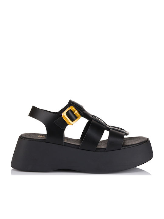 Δερμάτινα Γυναικεία Σανδάλια Flatforms Μαύρα