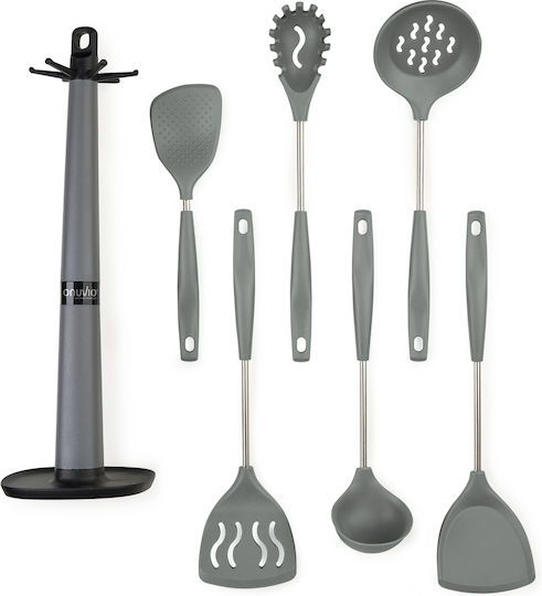 Set 6 Silicone Kitchen Utensils Hook Countertop Stand – Heat Resistant Non-stick Bpa-free Onuvio Gray