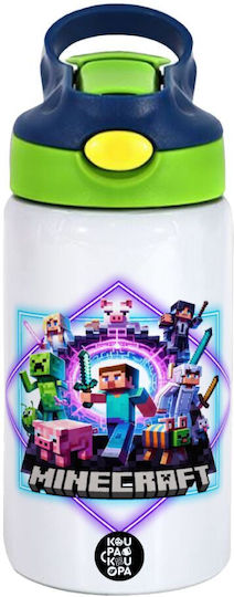Koupakoupa Minecraft Nether Portal Kids Water Bottle Minecraft Stainless Steel with Straw Green 350ml