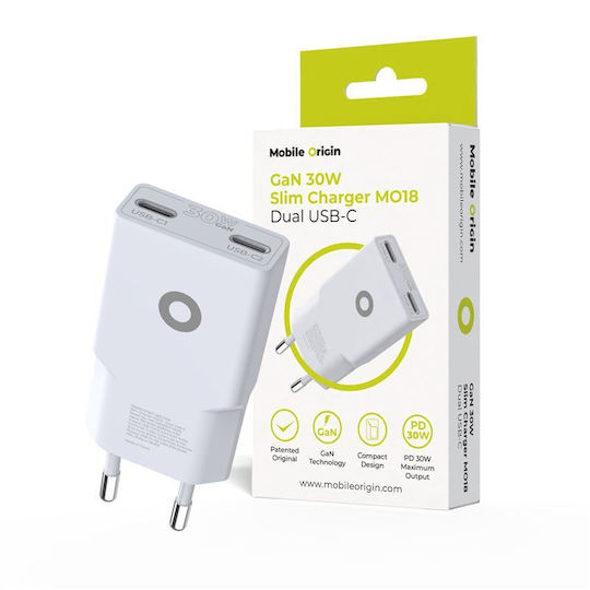 Mobile Origin Φορτιστής Χωρίς Καλώδιο GaN με 2 Θύρες USB-C 30W Power Delivery Λευκός (MO18)