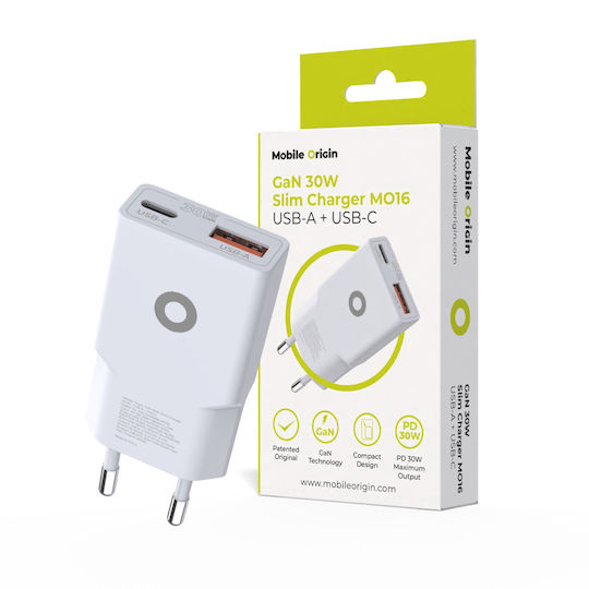 Mobile Origin Φορτιστής Χωρίς Καλώδιο GaN με Θύρα USB-A και Θύρα USB-C 30W Power Delivery Λευκός (MO16)