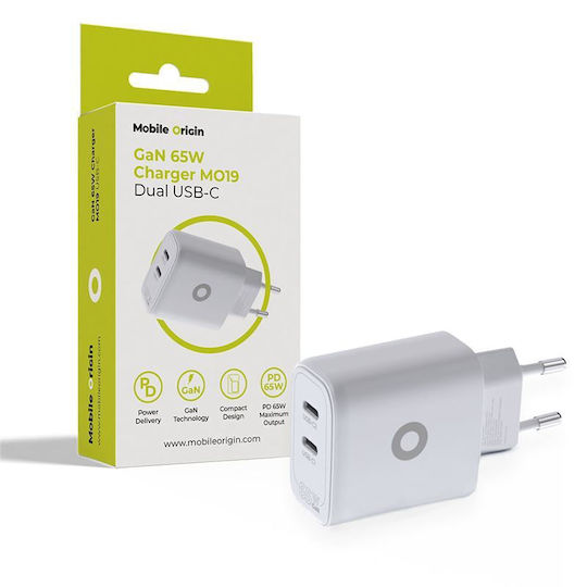 Mobile Origin Mobile Phone Charger Without Cable GaN with 2 USB-C Output Ports 65W Power Delivery White