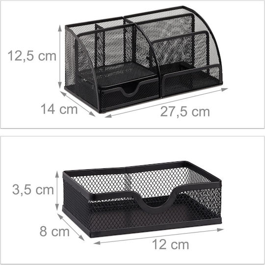 Organizator de birou metalic cu 6 compartimente și sertar, negru, 12.5 x 27.5 x 14 cm