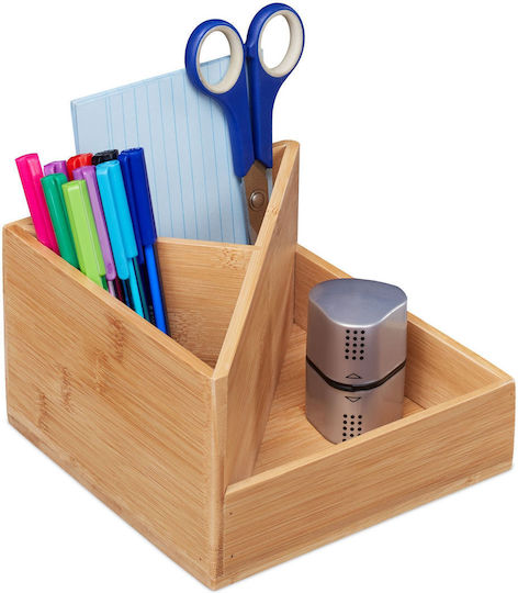 Desk Supplies Organizer 3 Compartments Bamboo Brown 10.5 x 16.5 x 16.5 Cm