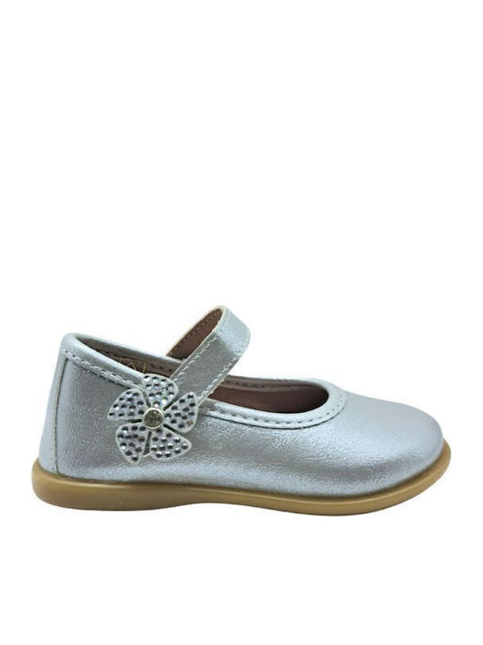 Kids Leather Ballerinas with Hoop & Loop Closure Silver