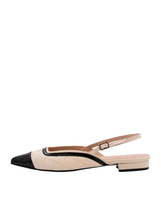 Kalogirou Leather Pointy Ballerinas With strap Beige