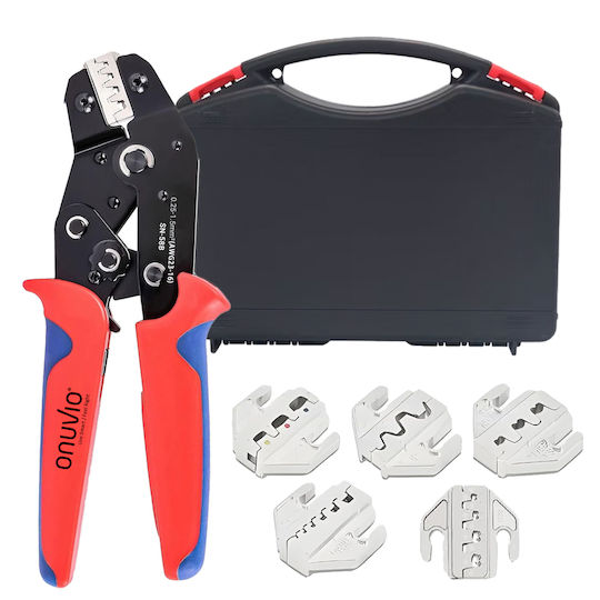 Onuvio Professional Pliers Multifunctional Crimping 5 Interchangeable Jaws Carrying Case 0.25-1.5mm 23-16 Awg