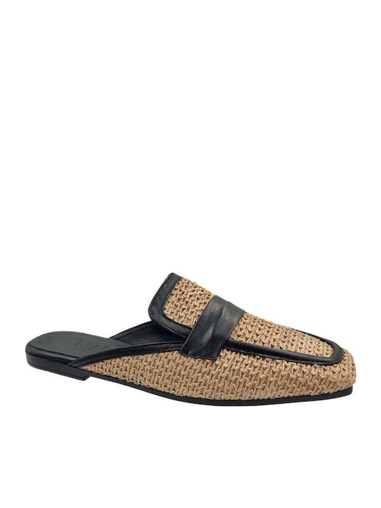 Mago Shoes Flat Leather Mules in Black Color