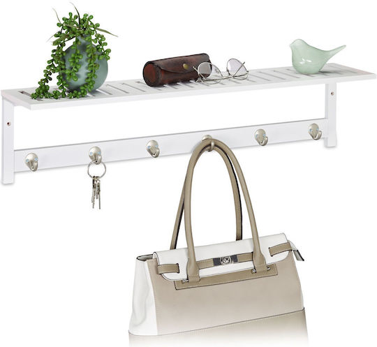 Wandgarderobe Regal 6 Haken Bambus Metall Maße 18 x 75 x 16 cm Weiß Relaxdays