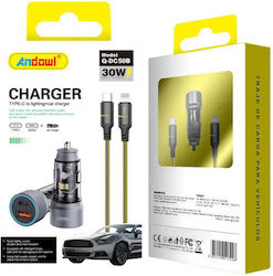 Andowl Q-DC50B Φορτιστής Αυτοκινήτου με Θύρες 1xUSB-A 1xType-C και Καλώδιο Type-C