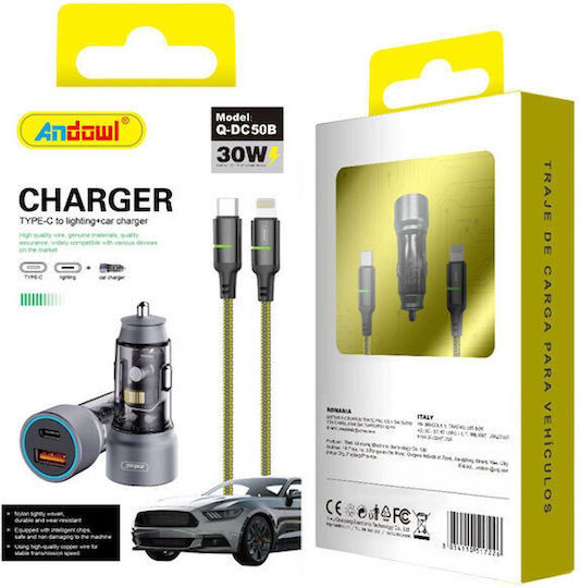 Andowl Car Charger 30W with Ports: 1xUSB 1xType-C with Cable Type-C