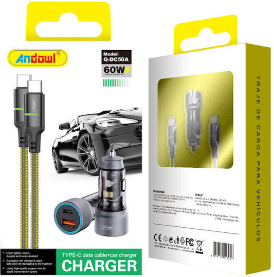 Andowl Q-DC50A Car Charger 60W with Ports 1xUSB 1xType-C including Type-C Cable Gray Color