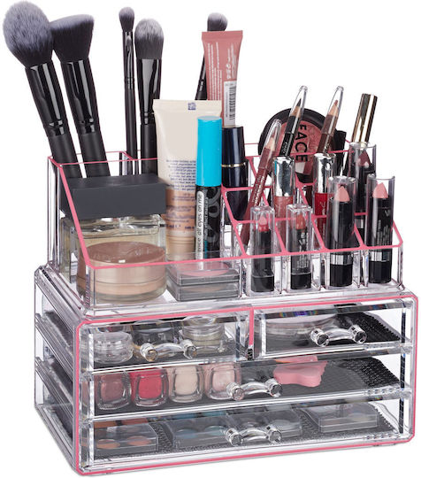 Relaxdays Organizator Cosmetice Cu 4 Sertare Transparent Roz 24x19x13.5cm
