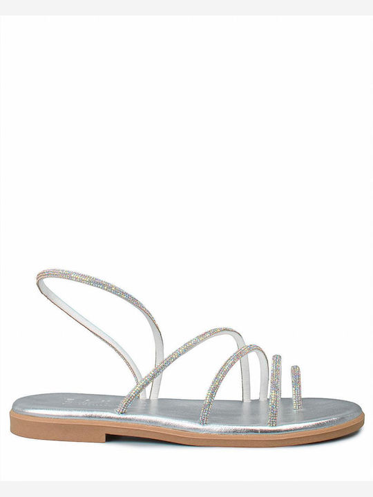 Leather Women's Flat Sandals in Silver Color