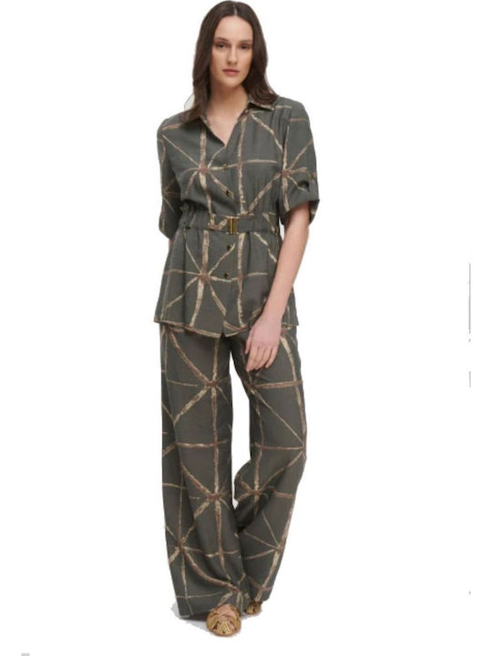 Fibes Women's Khaki Set with High-waisted Trousers with Elastic