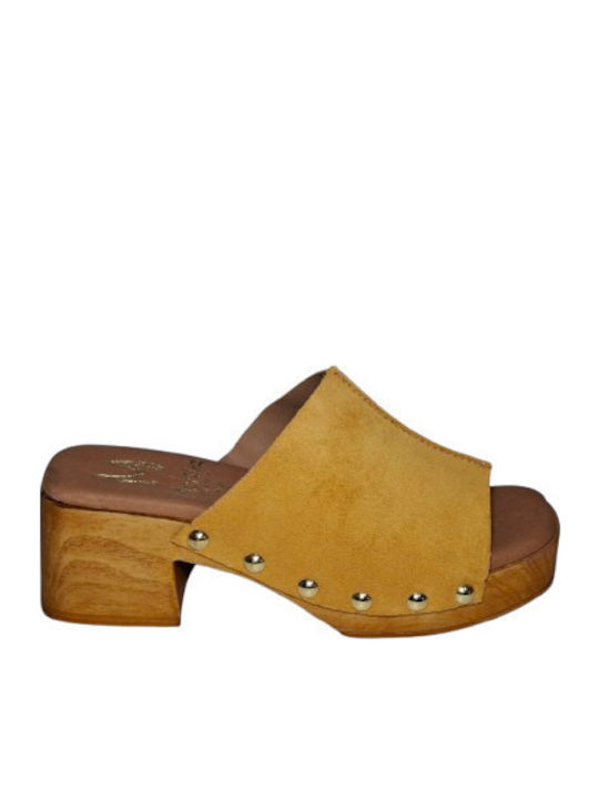 Leather Mules with Low Heel in Yellow Color