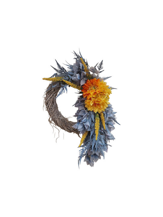 Kranz mit Zweigen, dekoriert mit Chrysanthemen, blauen Blättern, 40 cm