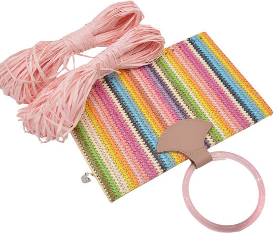 Fold Multicolor Pink Straw Kit with Bone Handle Raffia Yarn 100g Powder Pink