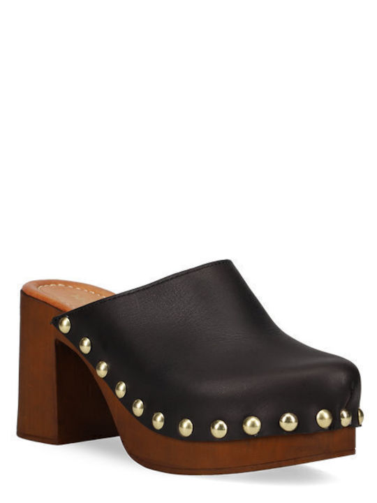 Leather Mules with Chunky Heel in Black Color