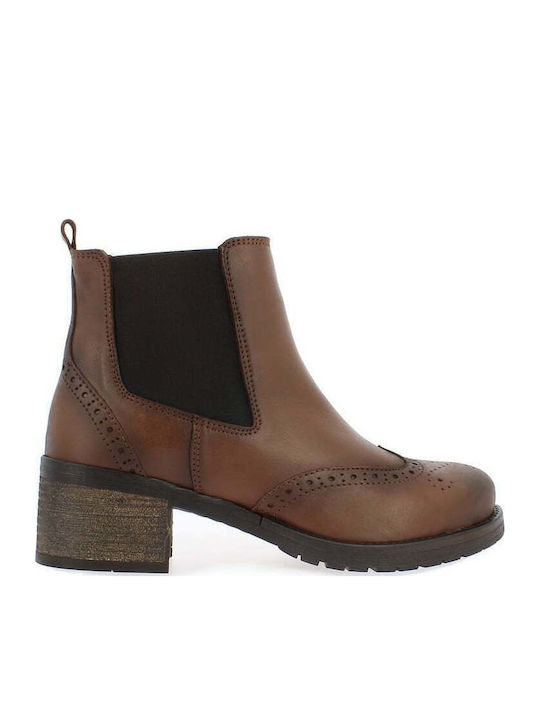 Leather Women's Ankle Boots with Medium Heel Tabac Brown