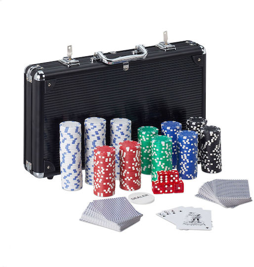Set Poker Complex 300 Jetoane de la Relaxdays Include 2 Pachete Cărți 5 Zaruri Echipat cu Geantă din Aluminiu Măsurând 26,5 X 38 X 7 Cm Negru