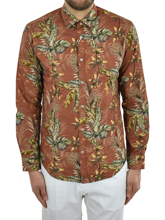 Long-sleeved Cotton Shirt Floral Brown